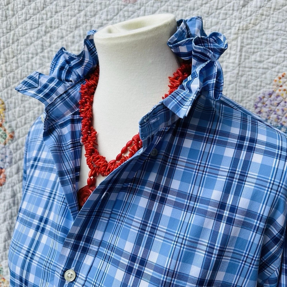Upcycled Re-worked Ralph Lauren Performance Blue Plaid Ruffle Collar Shirt M - Picture 4 of 10